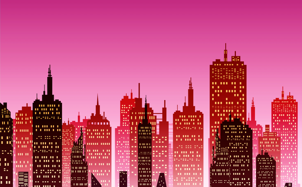 city, skyline, sunset